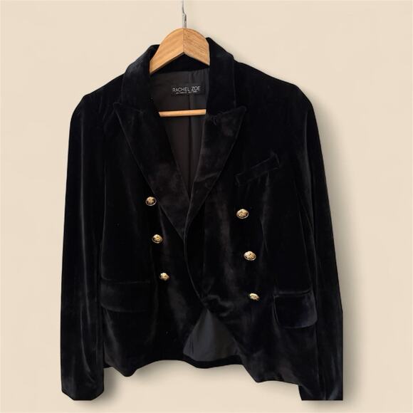 Rachel Zoe Black Velvet Double Breasted Military Jacket Gold Button SmallNew - Picture 2 of 7